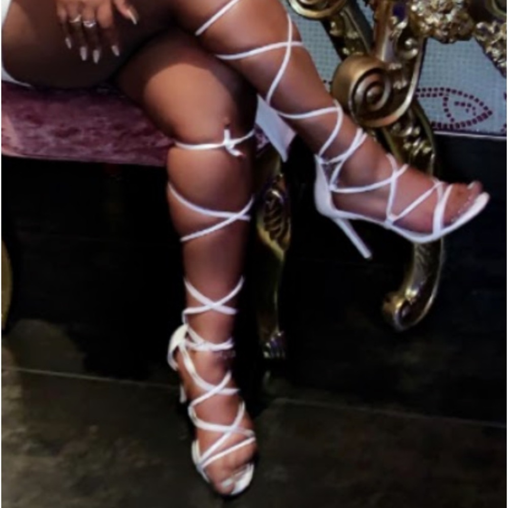 White thigh high lace up heels